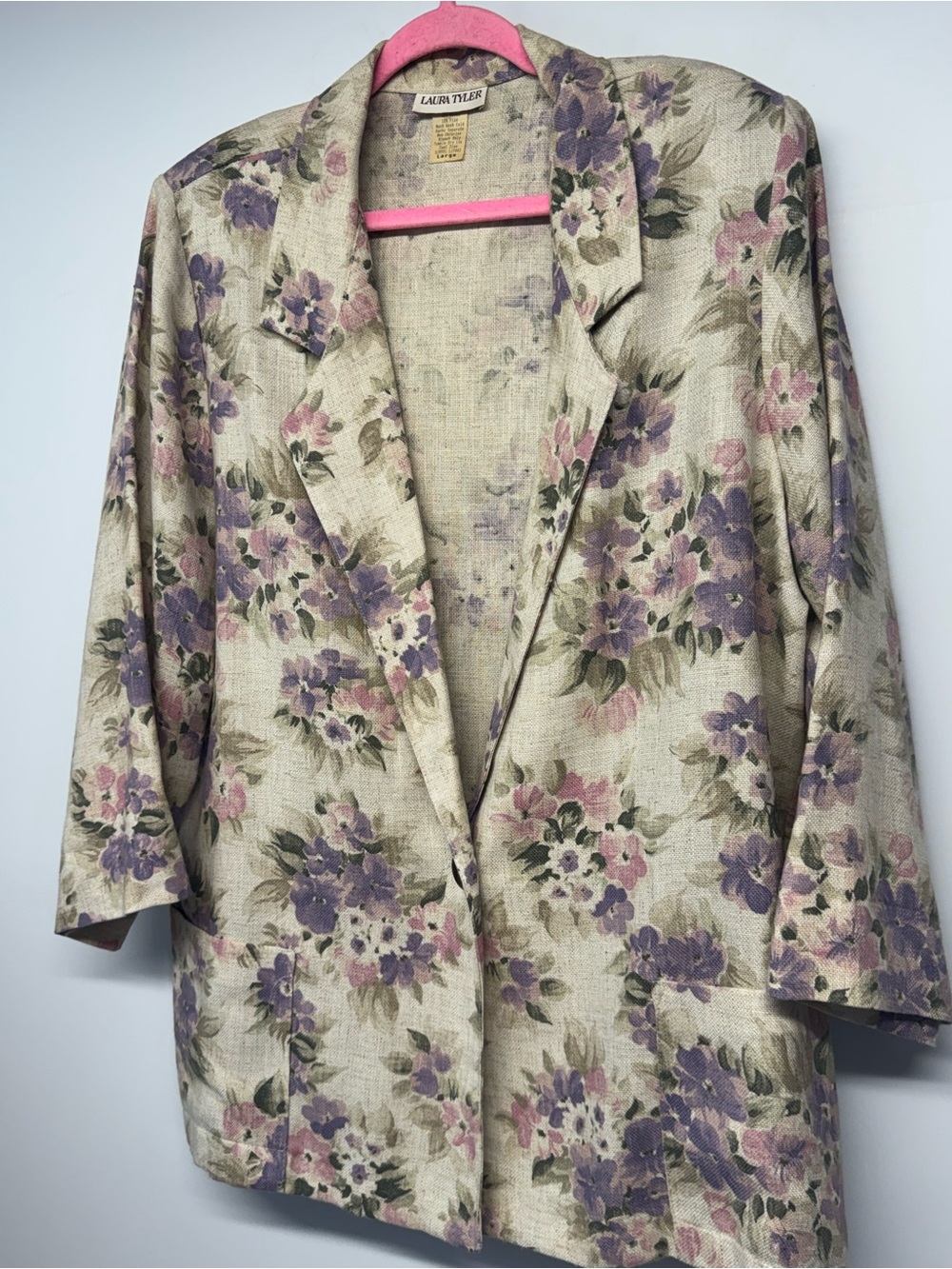 Laura Tyler 90s Cream Floral Linen-Blend Jacket in Purple & Pink Large